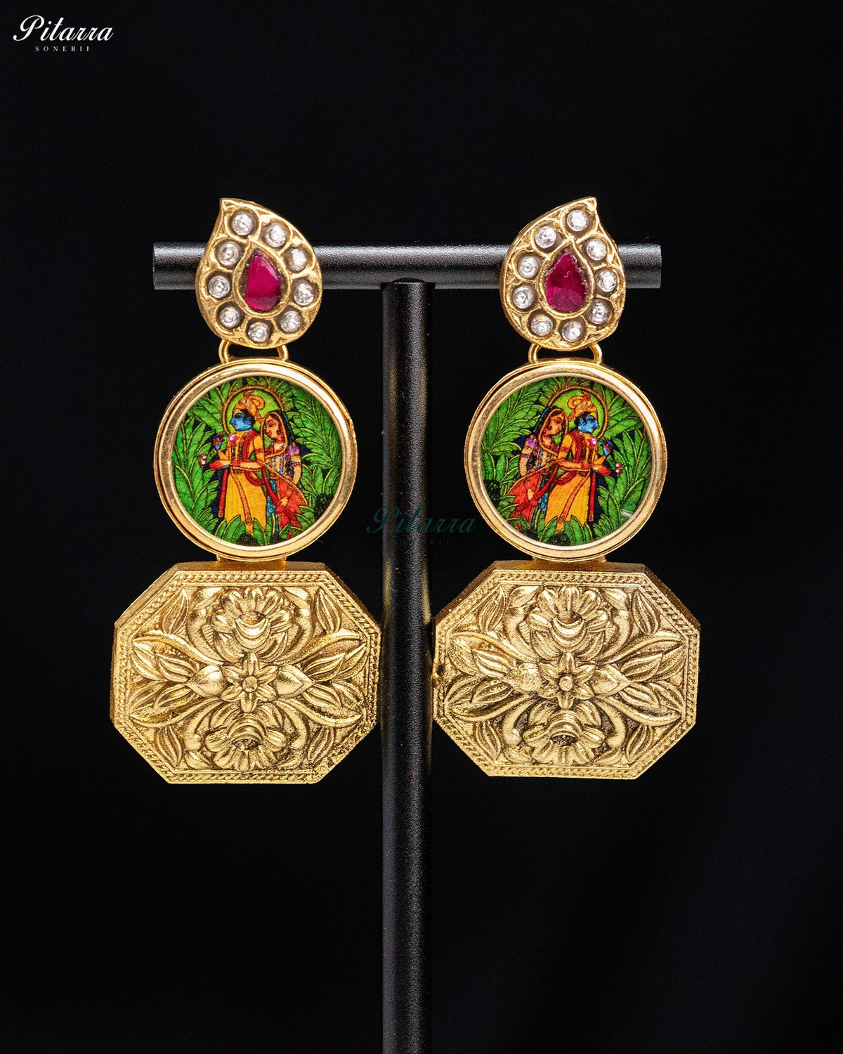 Radha Krishna Ruby Gold Tone Kundan Earrings
