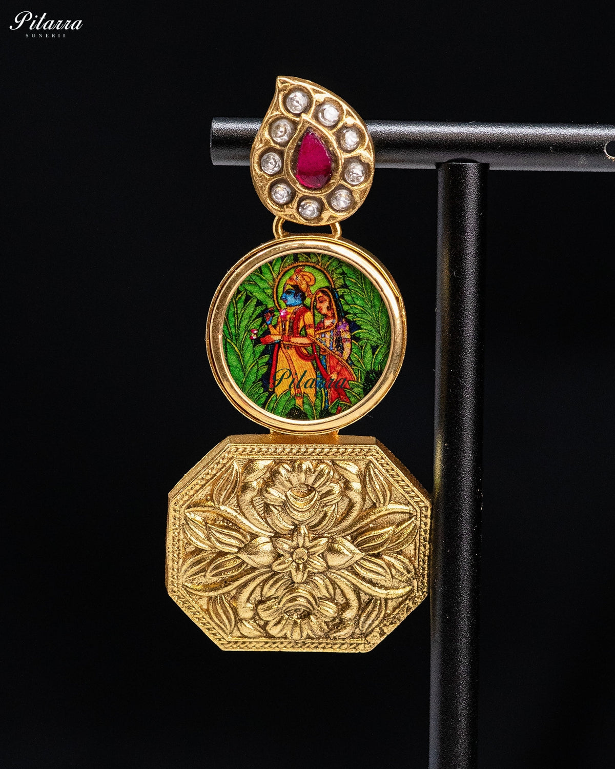 Radha Krishna Ruby Gold Tone Kundan Earrings