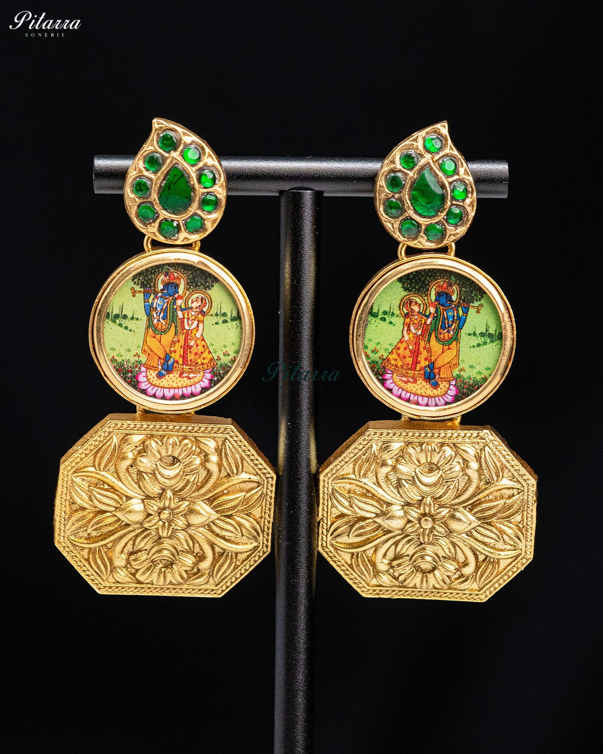 Radha Krishna Green Gold Tone Kundan Earrings