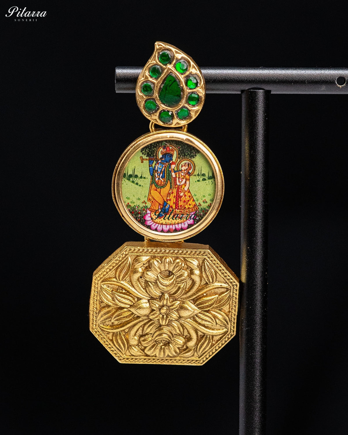 Radha Krishna Green Gold Tone Kundan Earrings