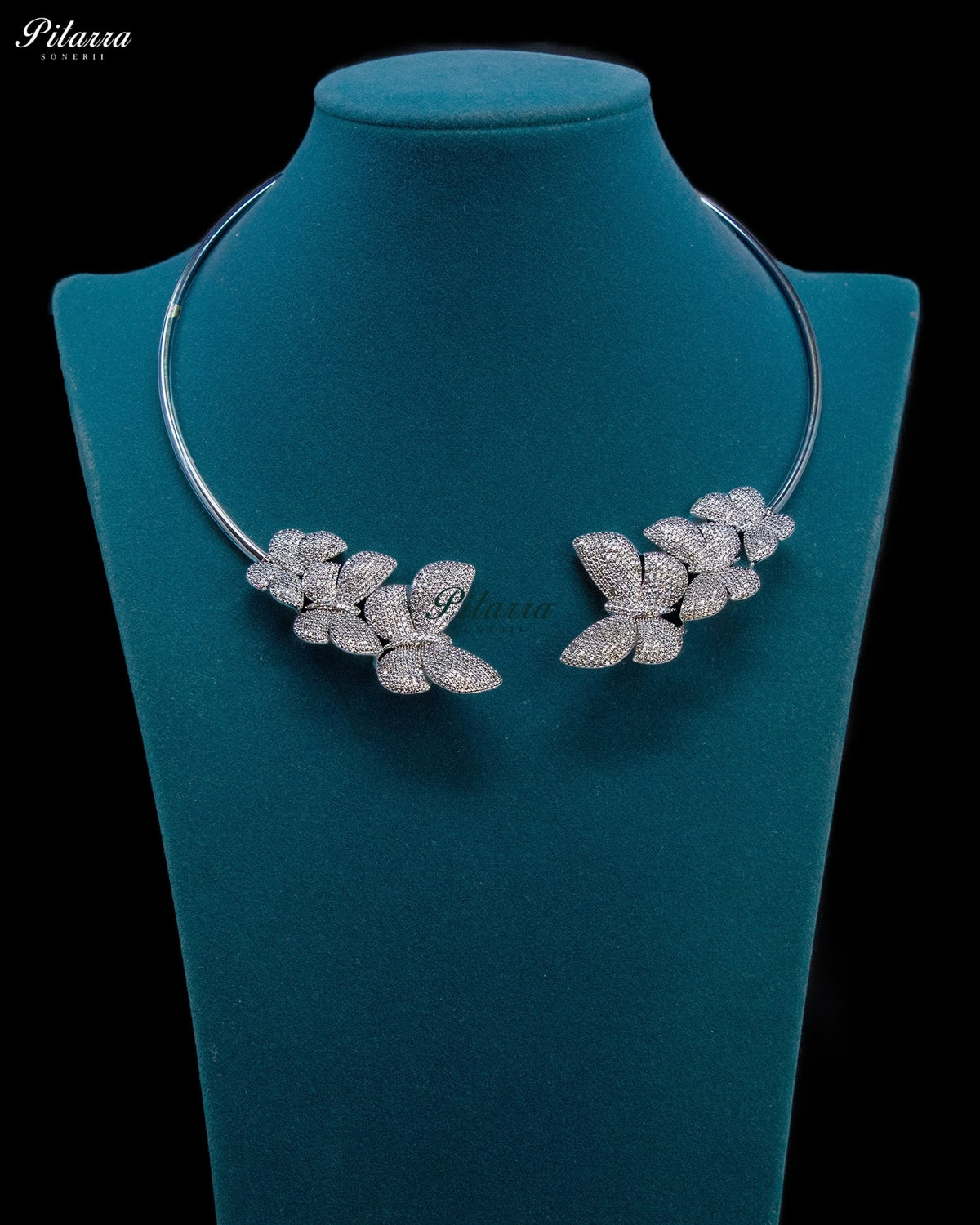 Silver Zircon Butterfly Floral Statement Collar Necklace Set