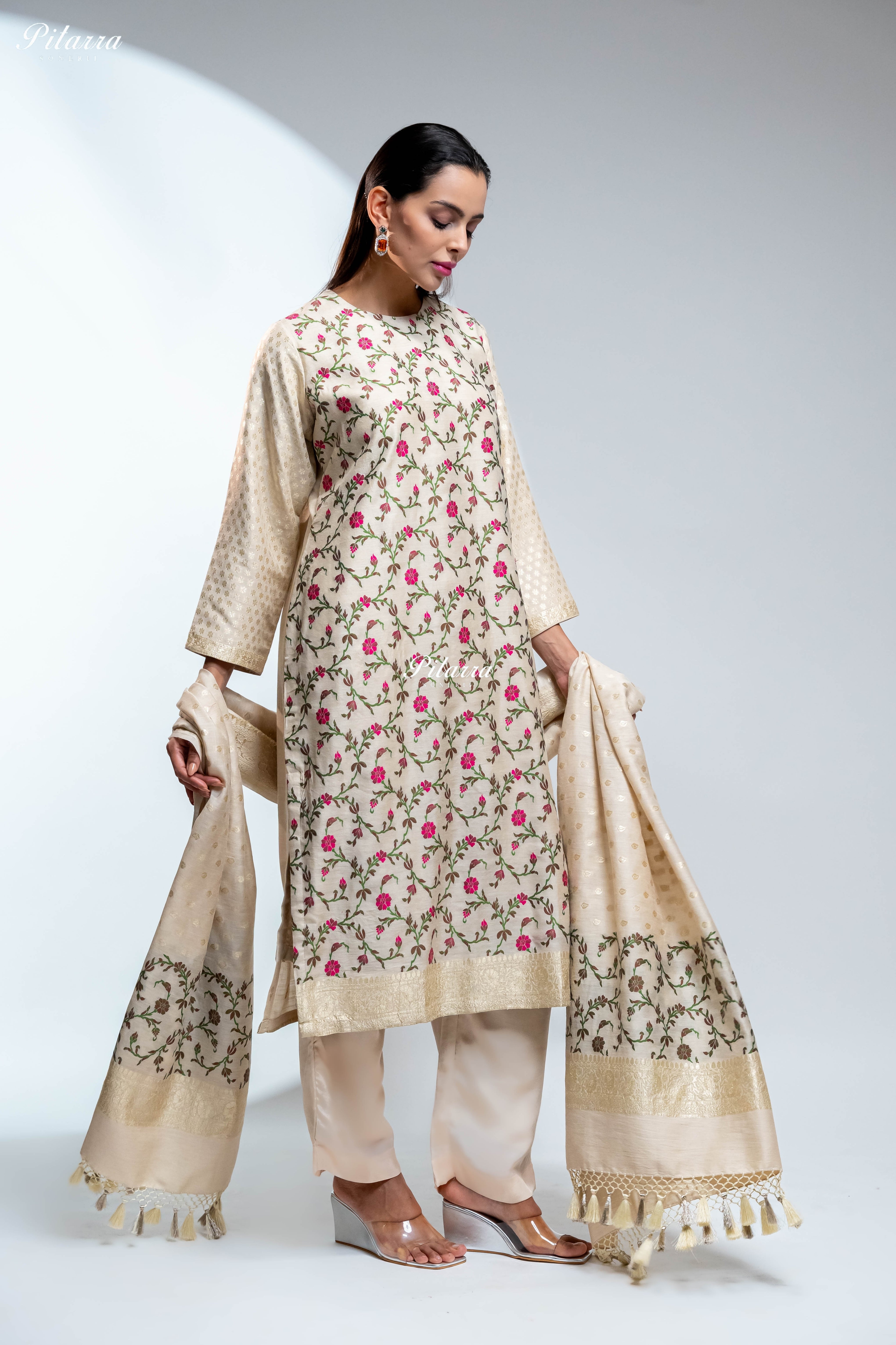 Ivory Floral Embroidered Kurta Set with Matching Pants and Printed Dupatta