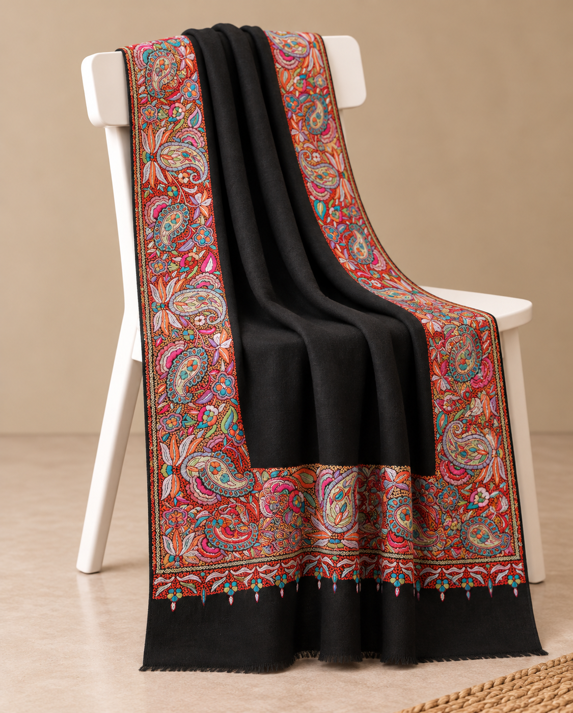 Black Pashmina Shawl with Multicolor Paisley And Floral Embroidered Border