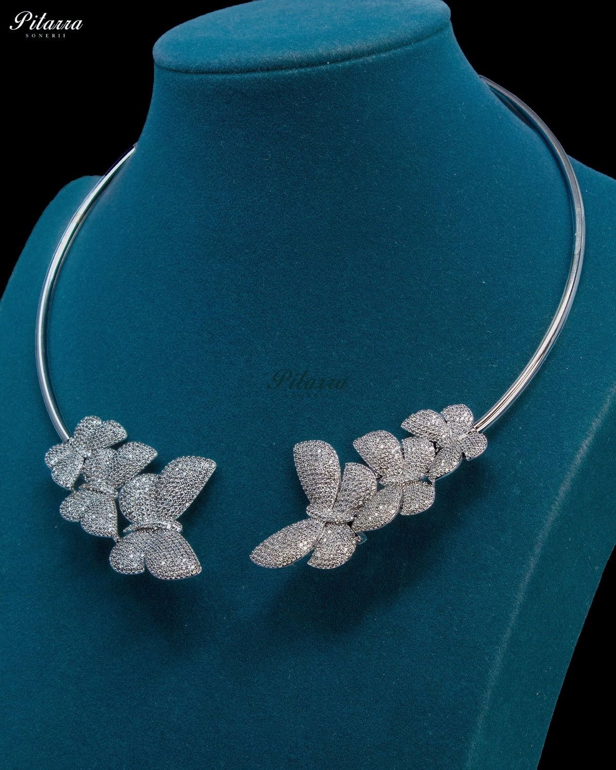 Silver Zircon Butterfly Floral Statement Collar Necklace Set