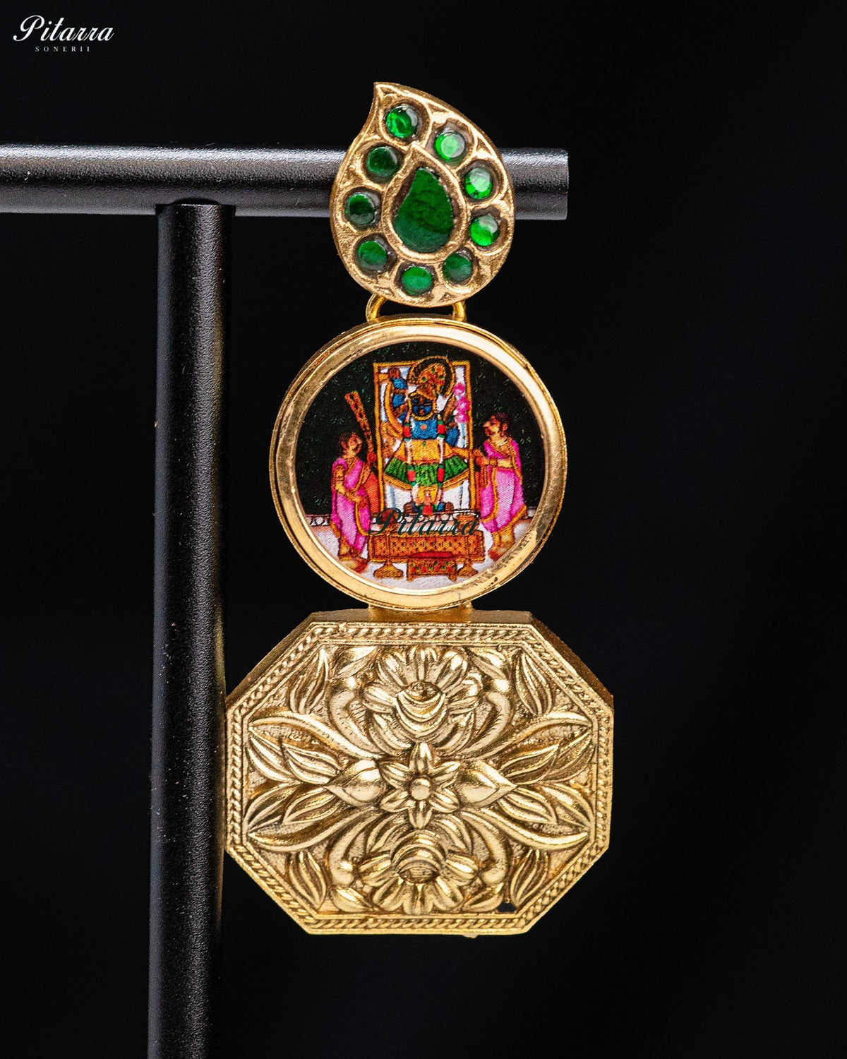 Temple Green Gold Tone Kundan Earrings