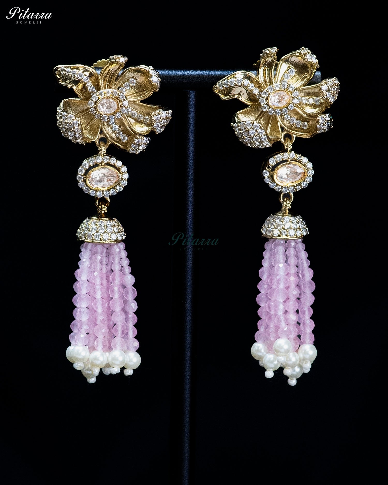 Light Pink Gold Floral Pink Tassel Necklace Set