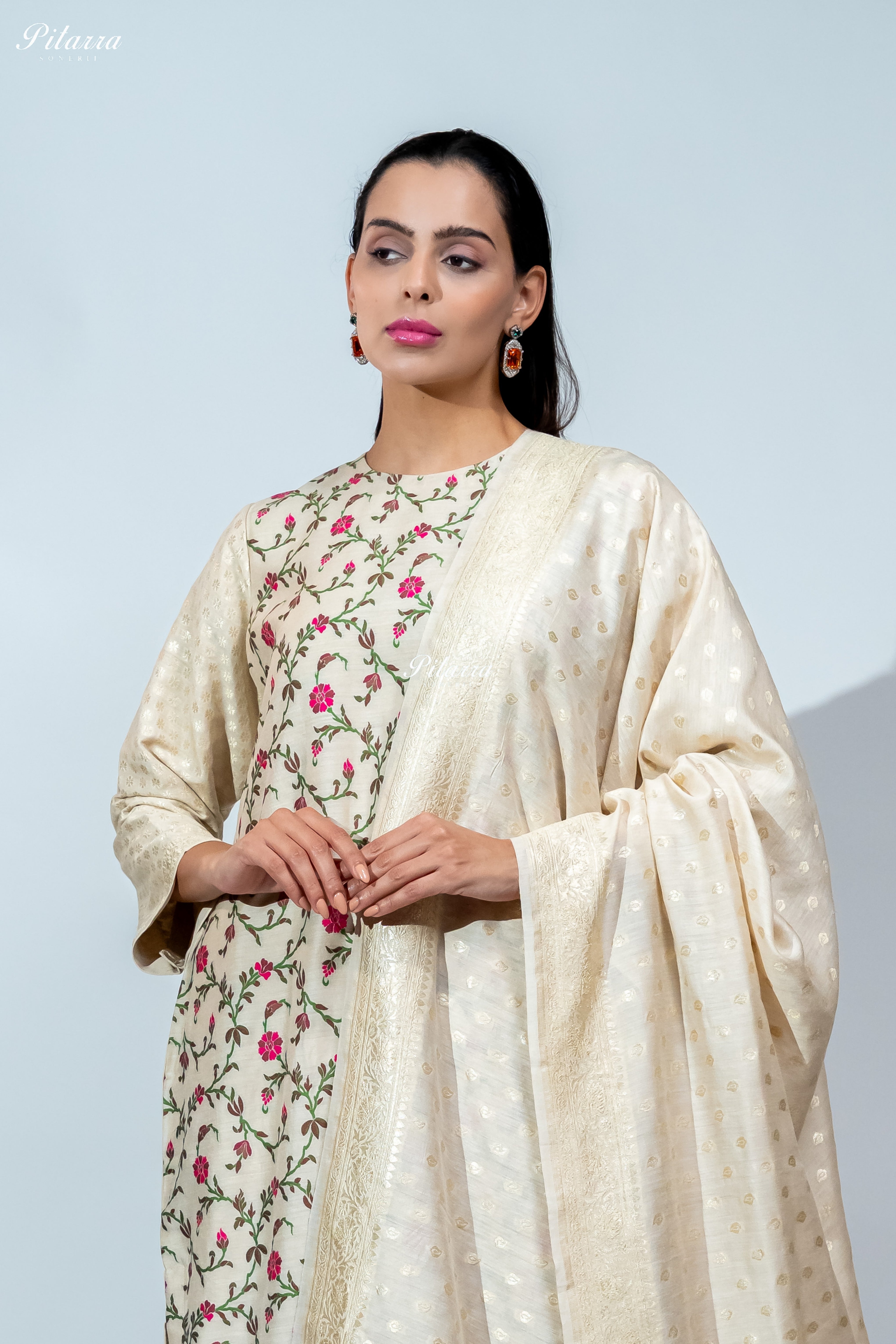 Ivory Floral Embroidered Kurta Set with Matching Pants and Printed Dupatta