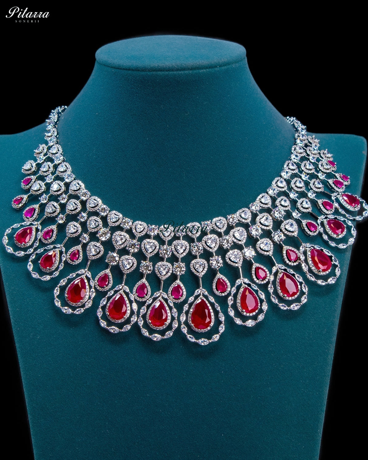 Pink Pear Cut Stone Zircon Silver Crystal Statement Necklace Set