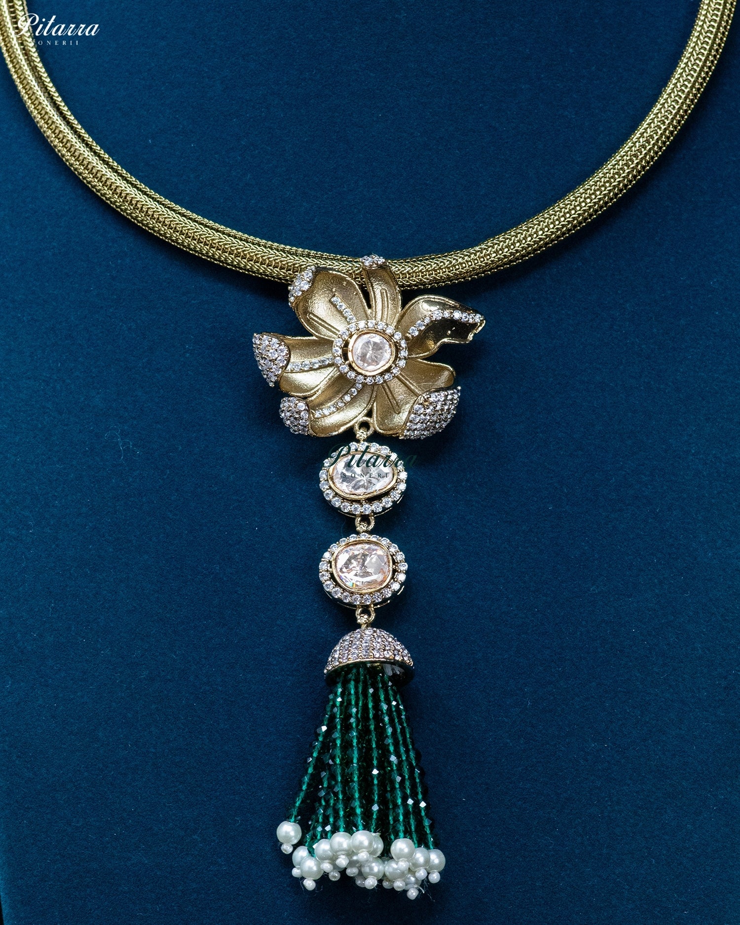 Green Gold Floral Green Tassel Necklace Set