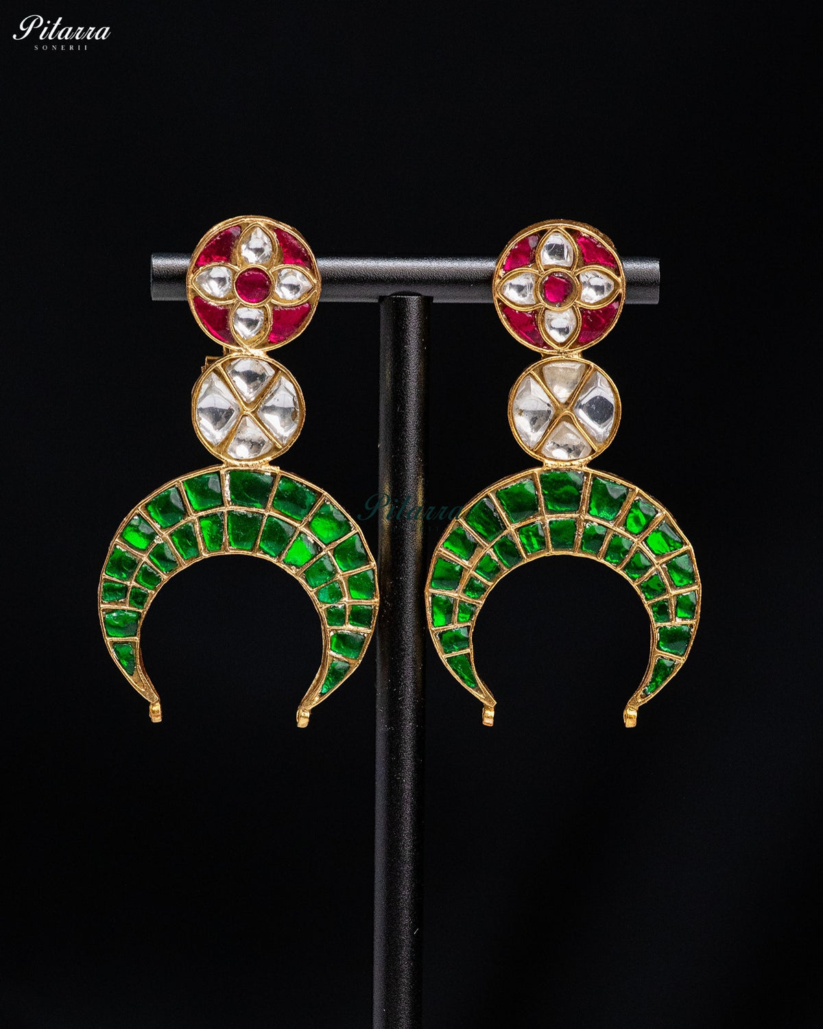 Green & Pink Kundan Chandbali Earrings