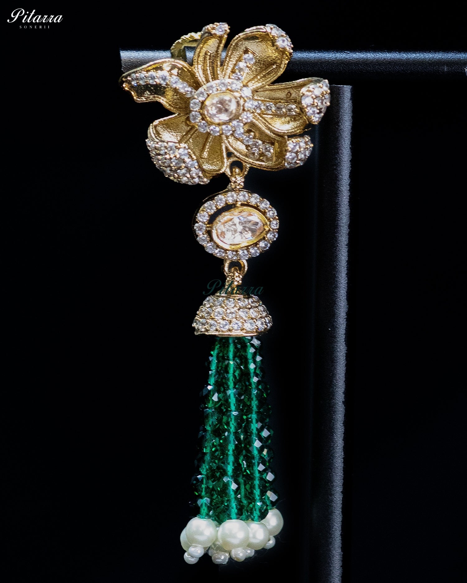 Green Gold Floral Green Tassel Necklace Set