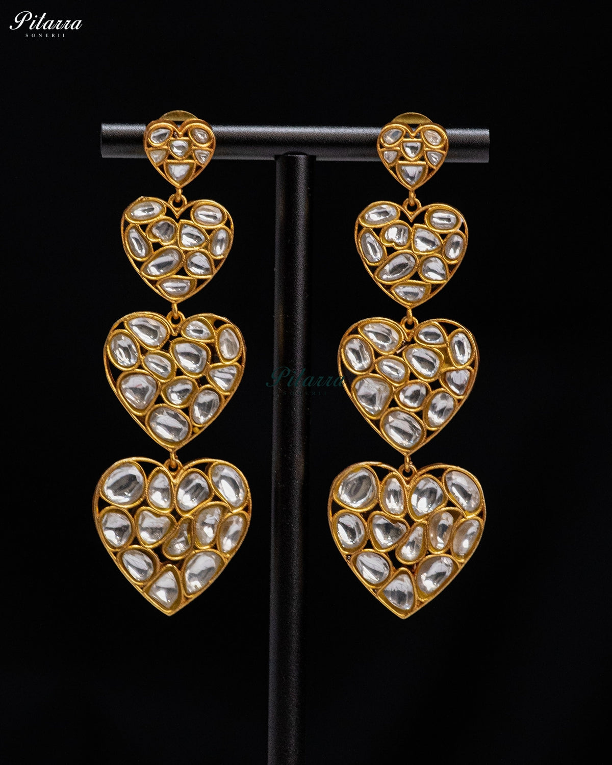 White Kundan Triple Heart Drop Earrings