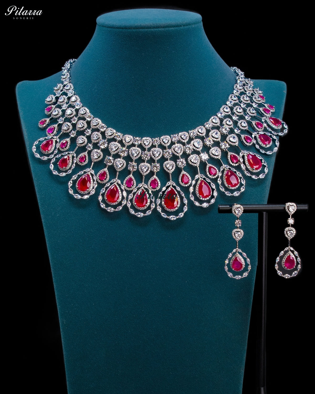 Pink Pear Cut Stone Zircon Silver Crystal Statement Necklace Set