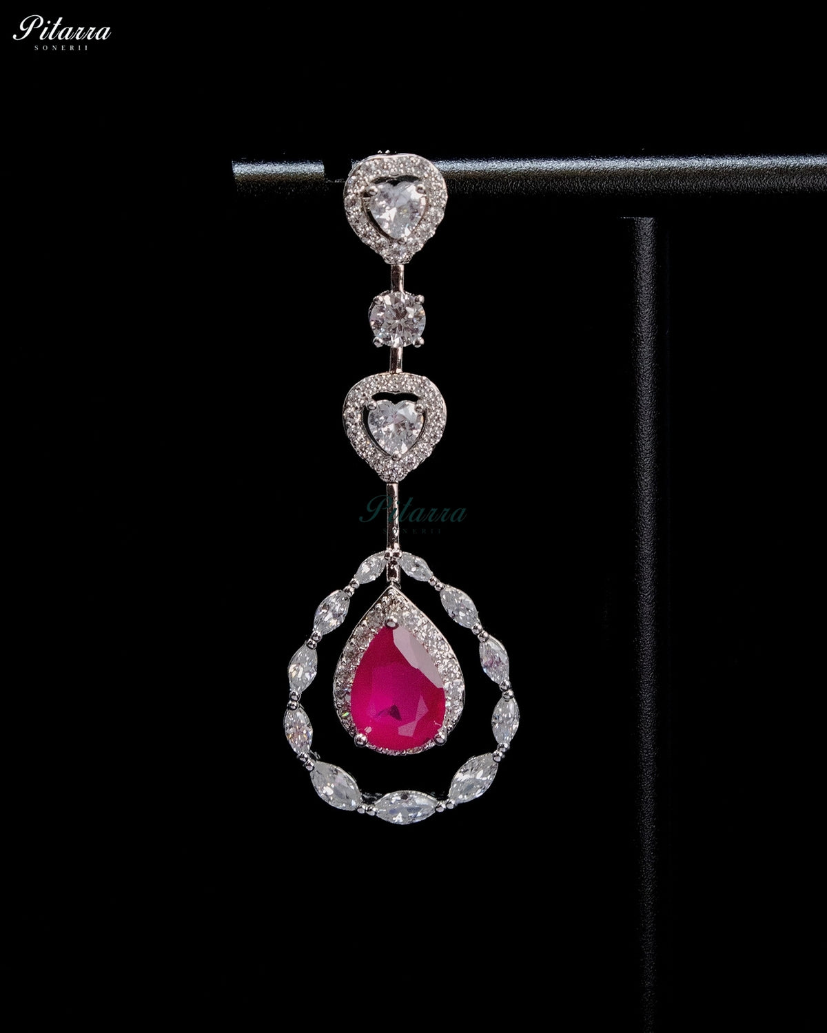 Pink Pear Cut Stone Zircon Silver Crystal Statement Necklace Set