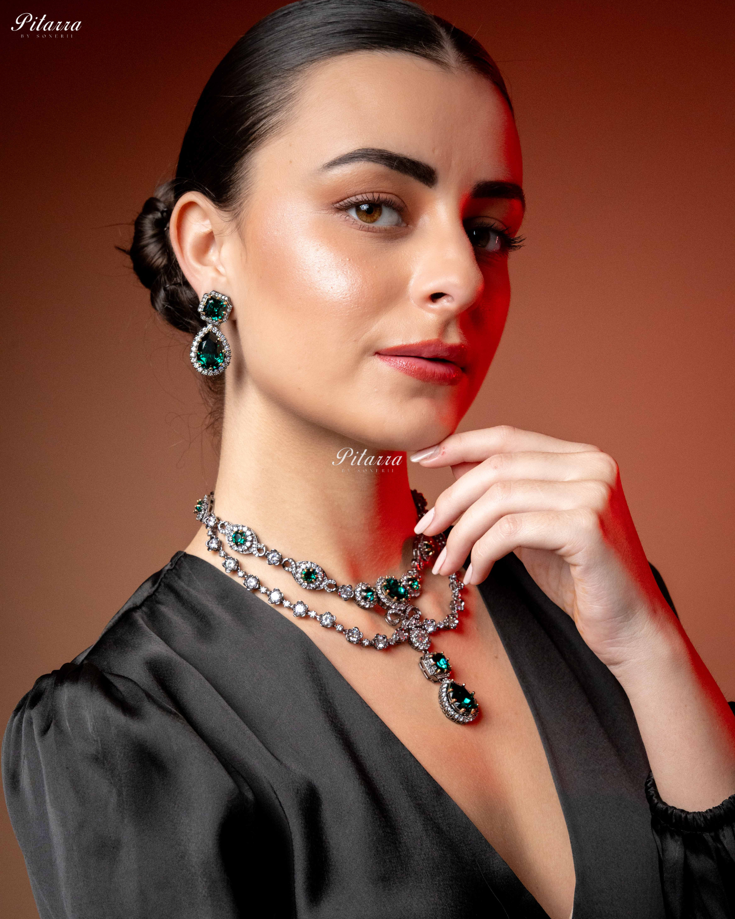 Emerald Two Layer Silver CZ victorian black polish Necklace Set