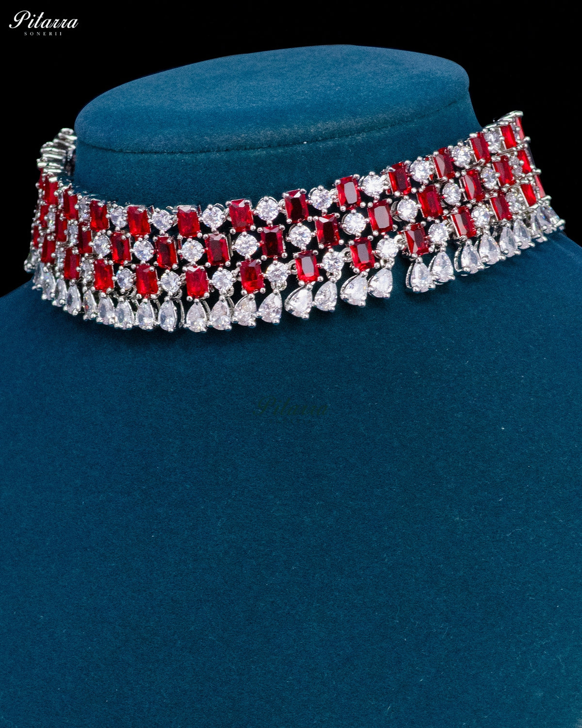 Ruby Red Emerald Cut Stone Zircon Silver Crystal Choker Necklace Set