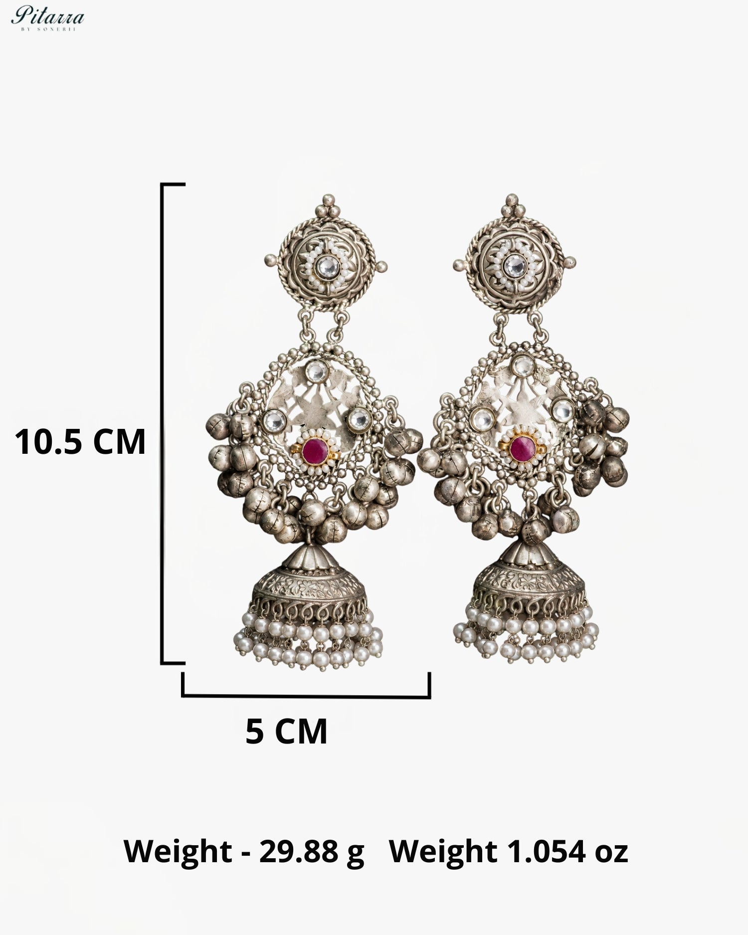 Pink Stone Silver Look-Alike Pearl Jhumka Earrings