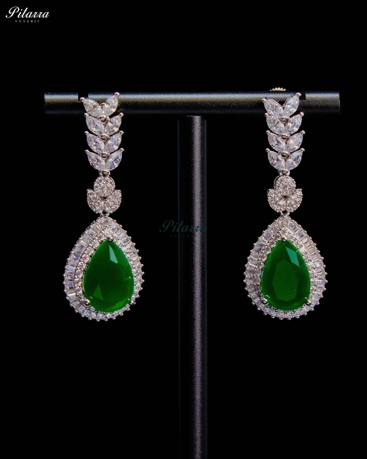 Emerald Green Pear Cut Stone Zircon Silver Crystal Lariat Necklace Set