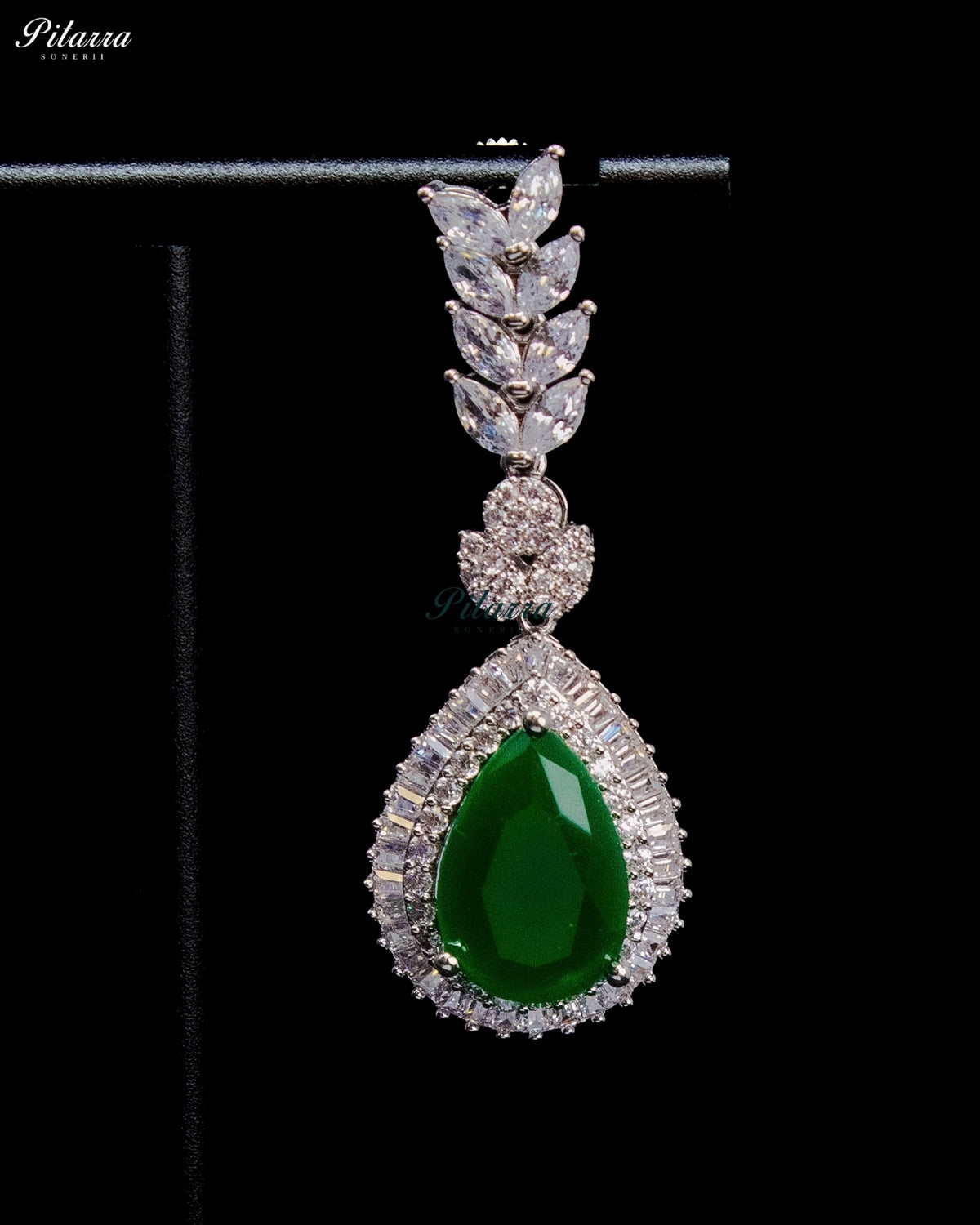 Emerald Green Pear Cut Stone Zircon Silver Crystal Lariat Necklace Set