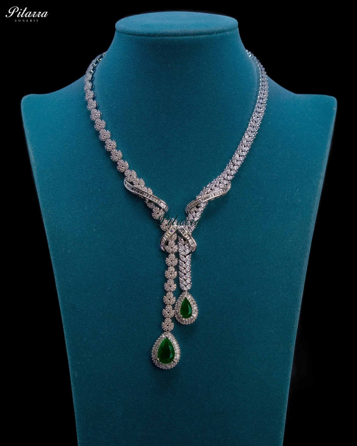 Emerald Green Pear Cut Stone Zircon Silver Crystal Lariat Necklace Set