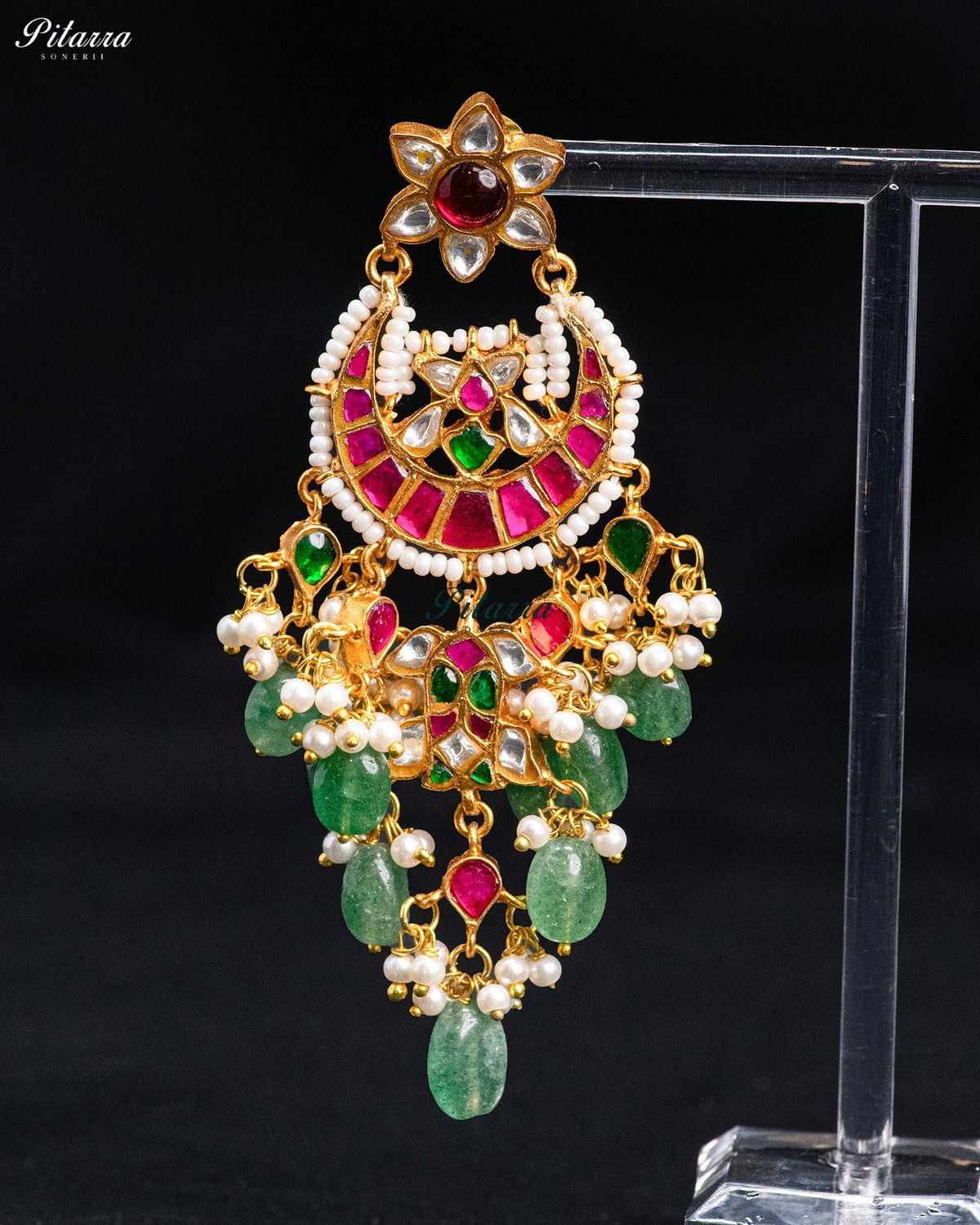 Pink Green Pearl Floral Kundan Chandbali Earrings