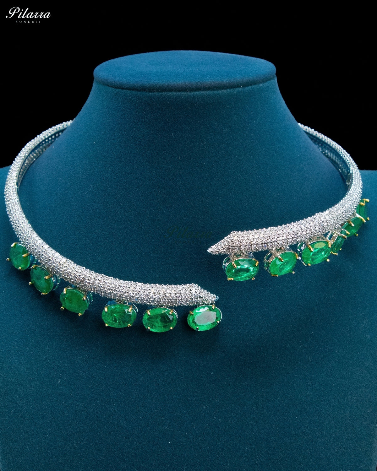 Emerald Green Oval Stone Zircon Silver Crystal Collar Necklace Set
