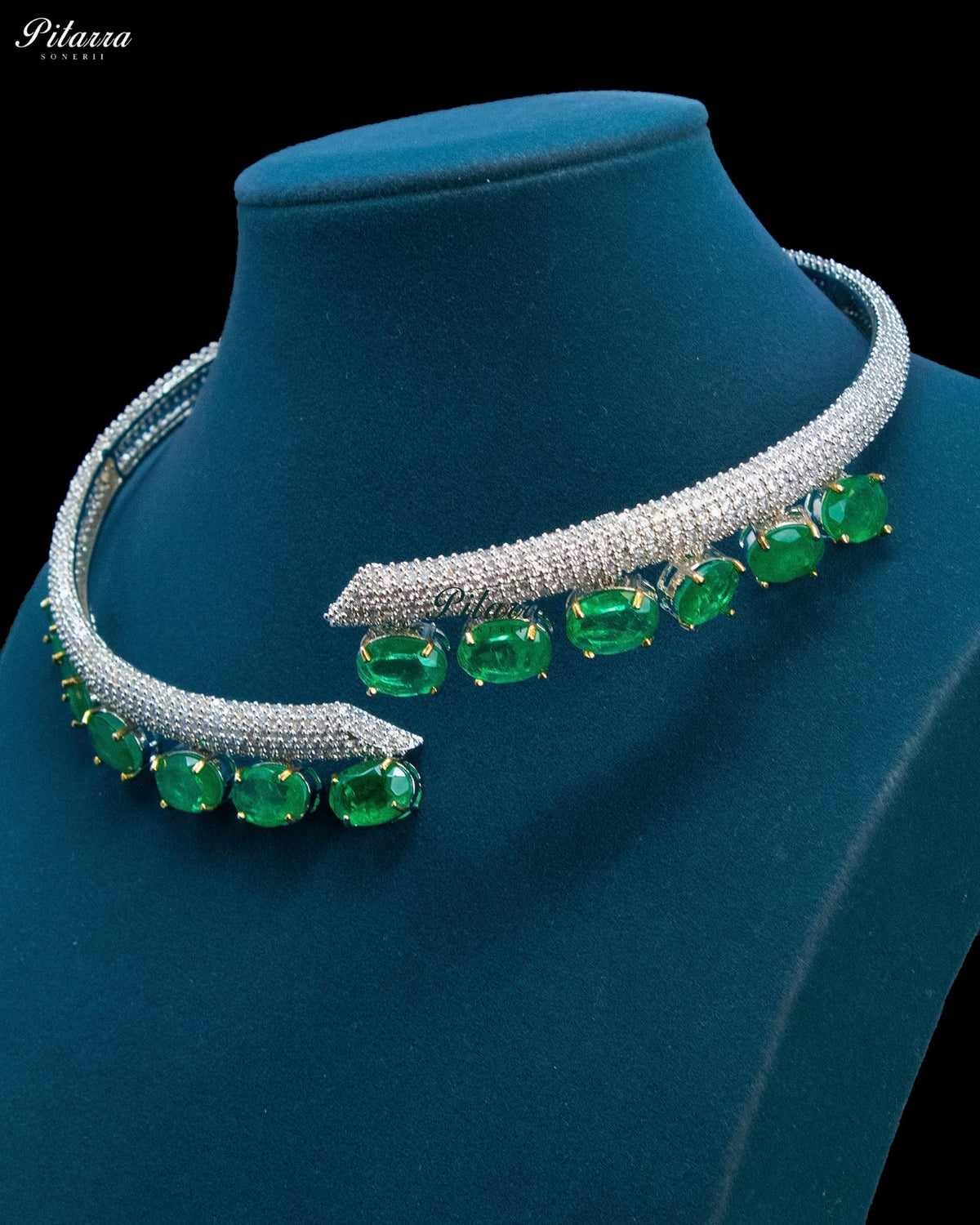Emerald Green Oval Stone Zircon Silver Crystal Collar Necklace Set