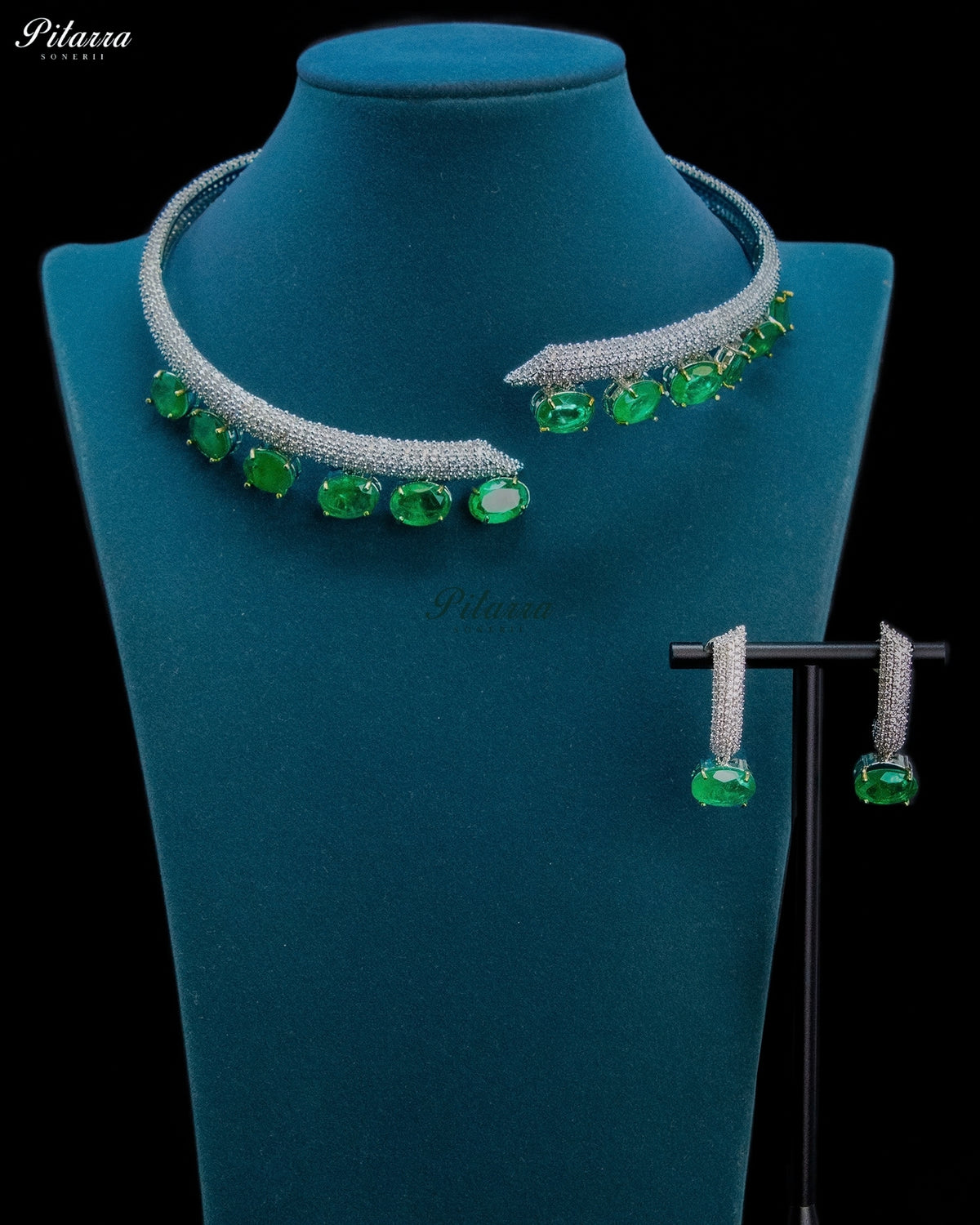 Emerald Green Oval Stone Zircon Silver Crystal Collar Necklace Set