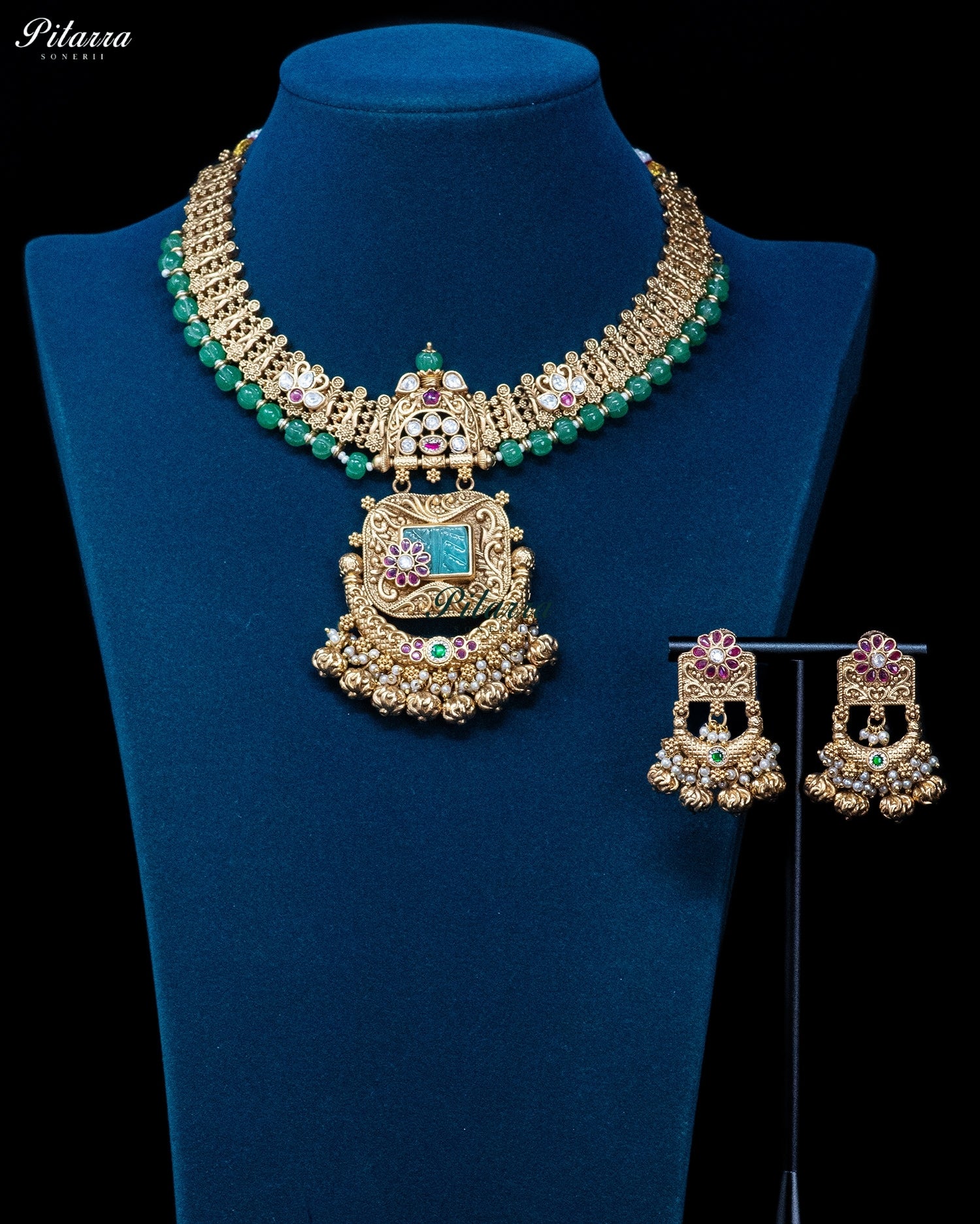 Rectangular Pendant Gold Temple Green Beaded Necklace Set