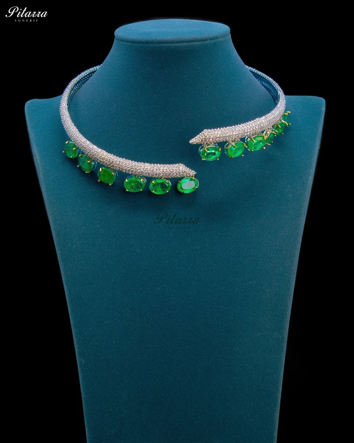 Emerald Green Oval Stone Zircon Silver Crystal Collar Necklace Set