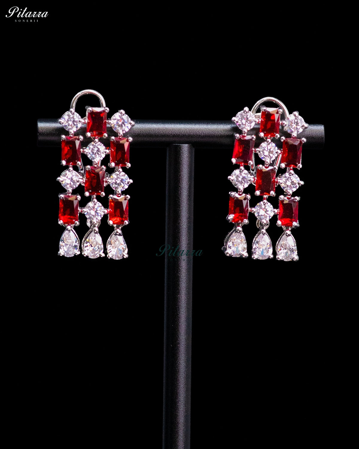 Ruby Red Emerald Cut Stone Zircon Silver Crystal Choker Necklace Set