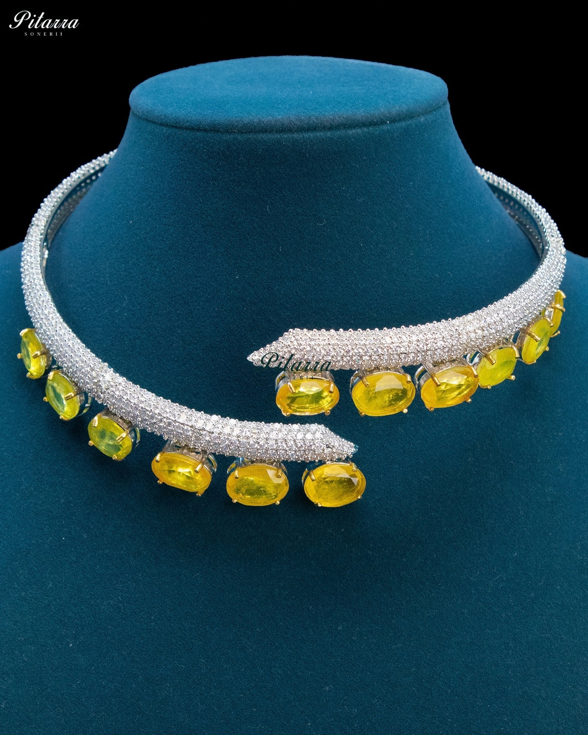 Yellow Oval Stone Zircon Silver Crystal Collar Necklace Set