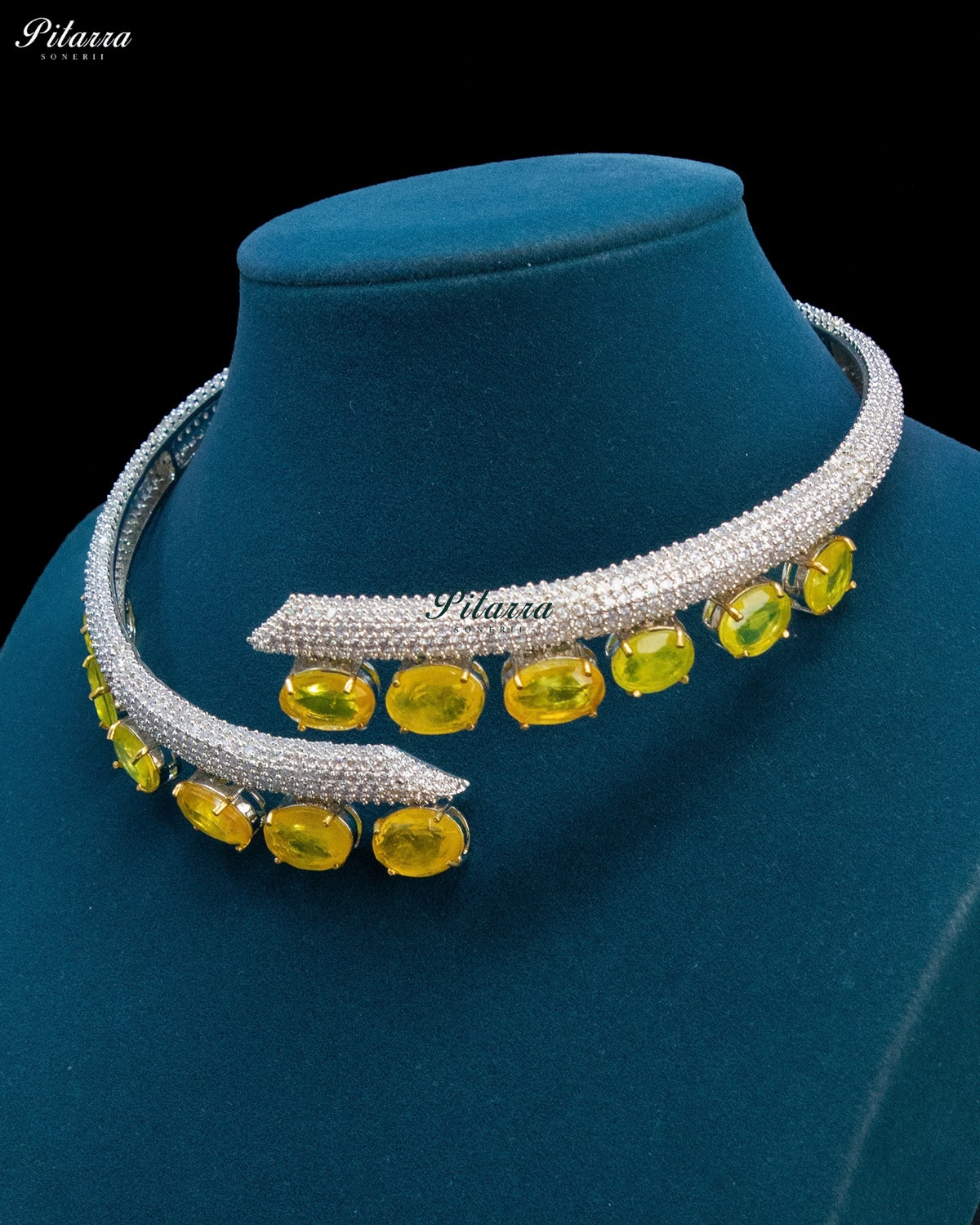 Yellow Oval Stone Zircon Silver Crystal Collar Necklace Set