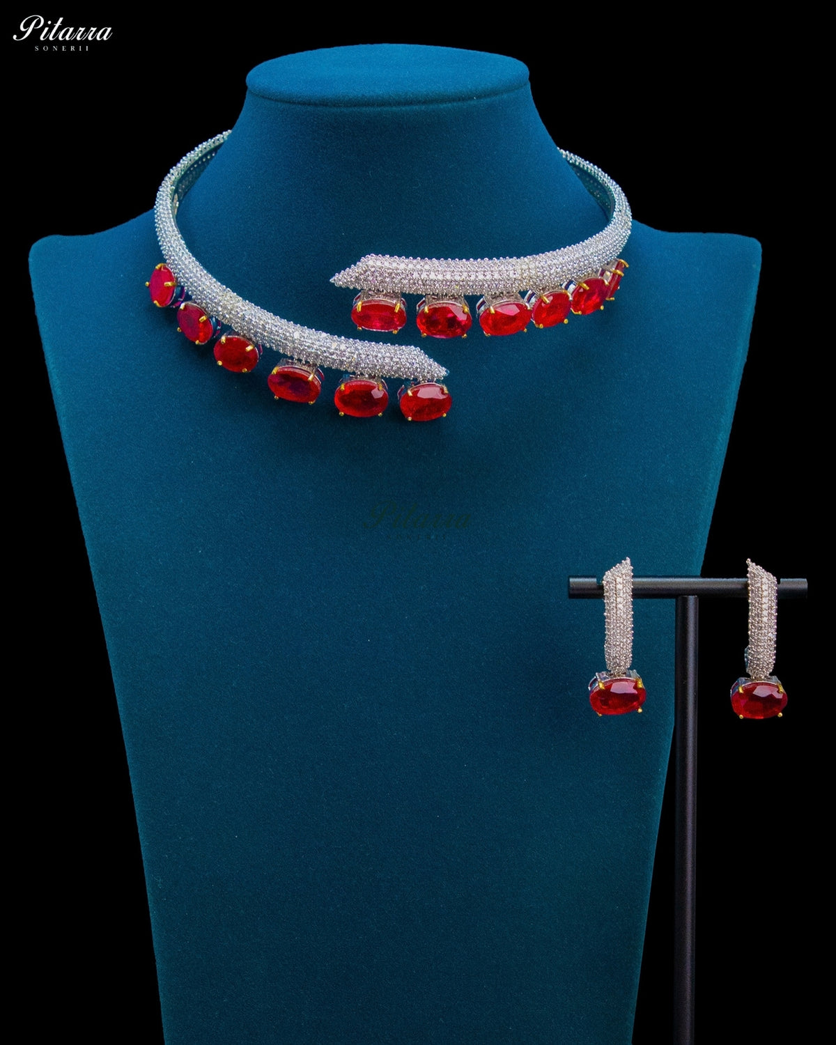 Red Oval Stone Zircon Silver Crystal Collar Necklace Set