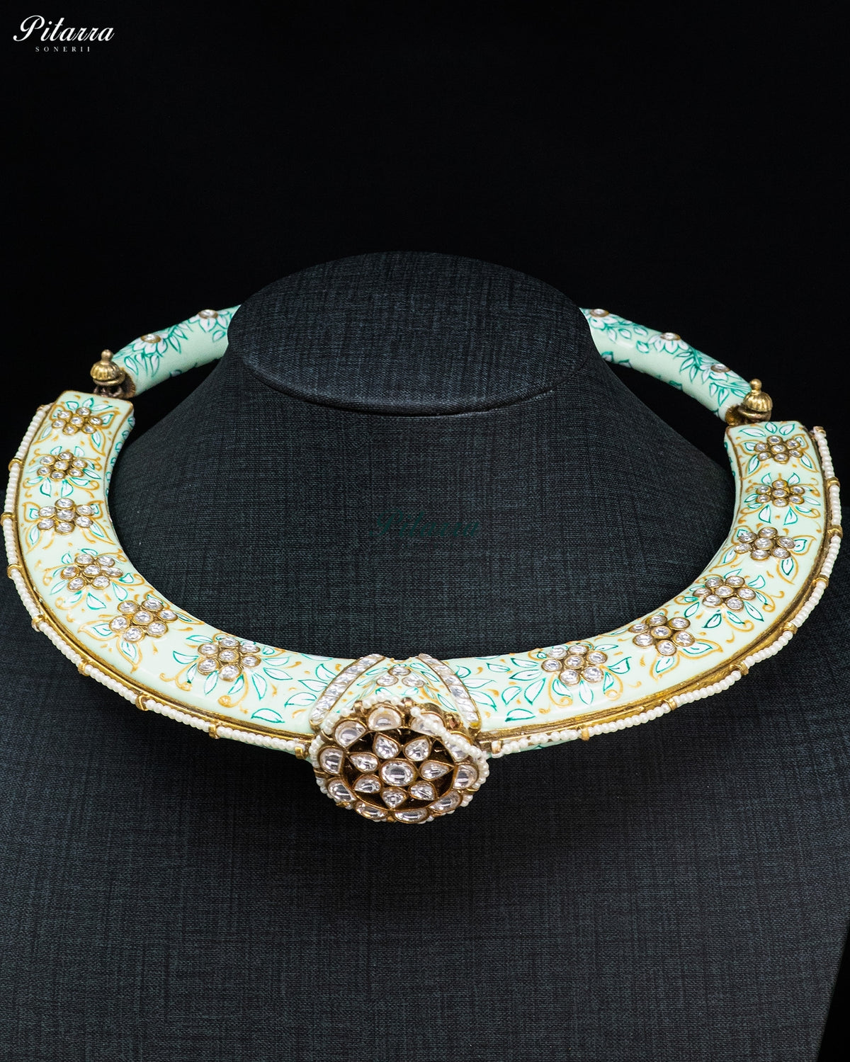 Mint Green Enamel Floral Kundan Necklace Set