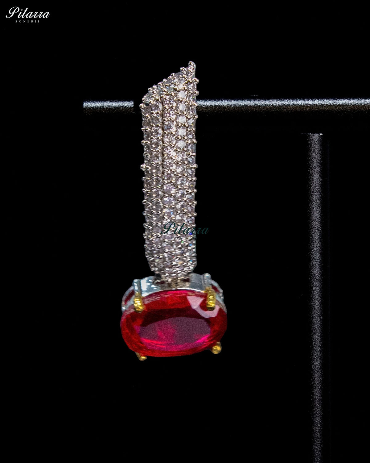 Red Oval Stone Zircon Silver Crystal Collar Necklace Set