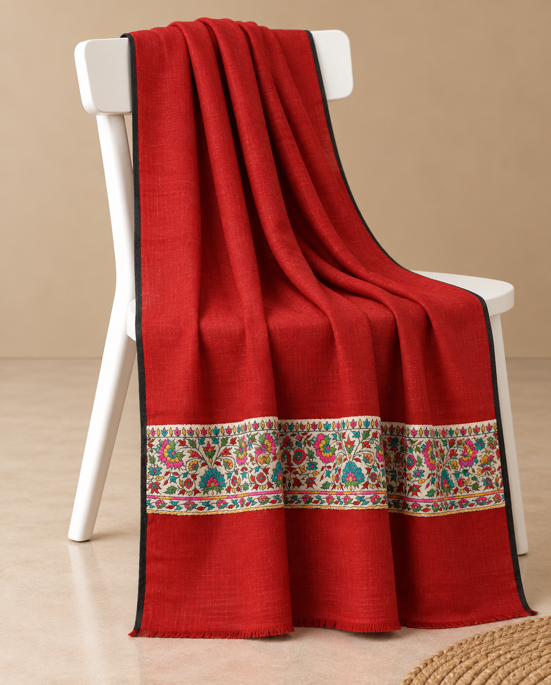 Ruby Red Pashmina Shawl with Multicolor Floral Embroidered Border