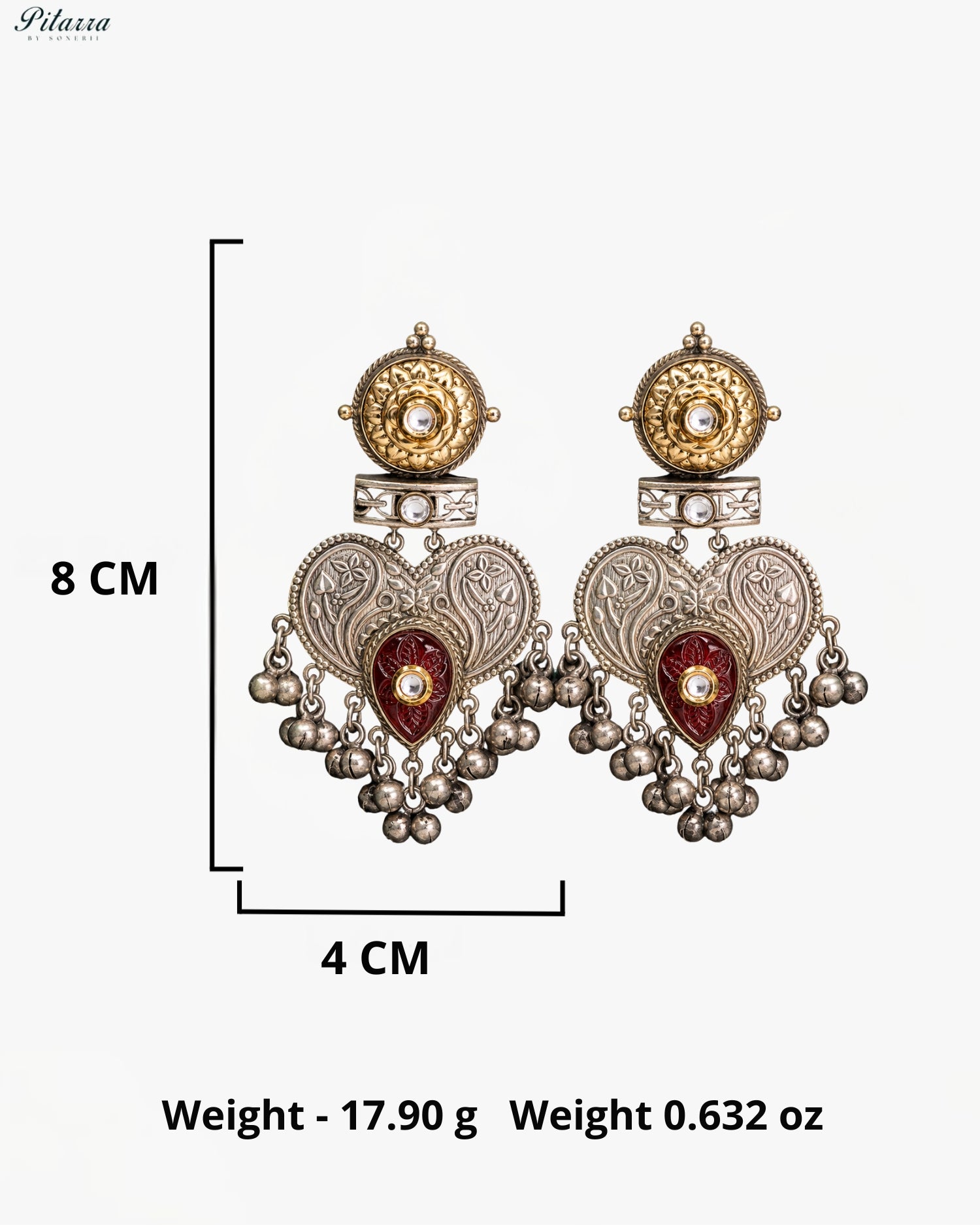 Red Stone Silver Look-Alike Heart Motif Statement Earrings