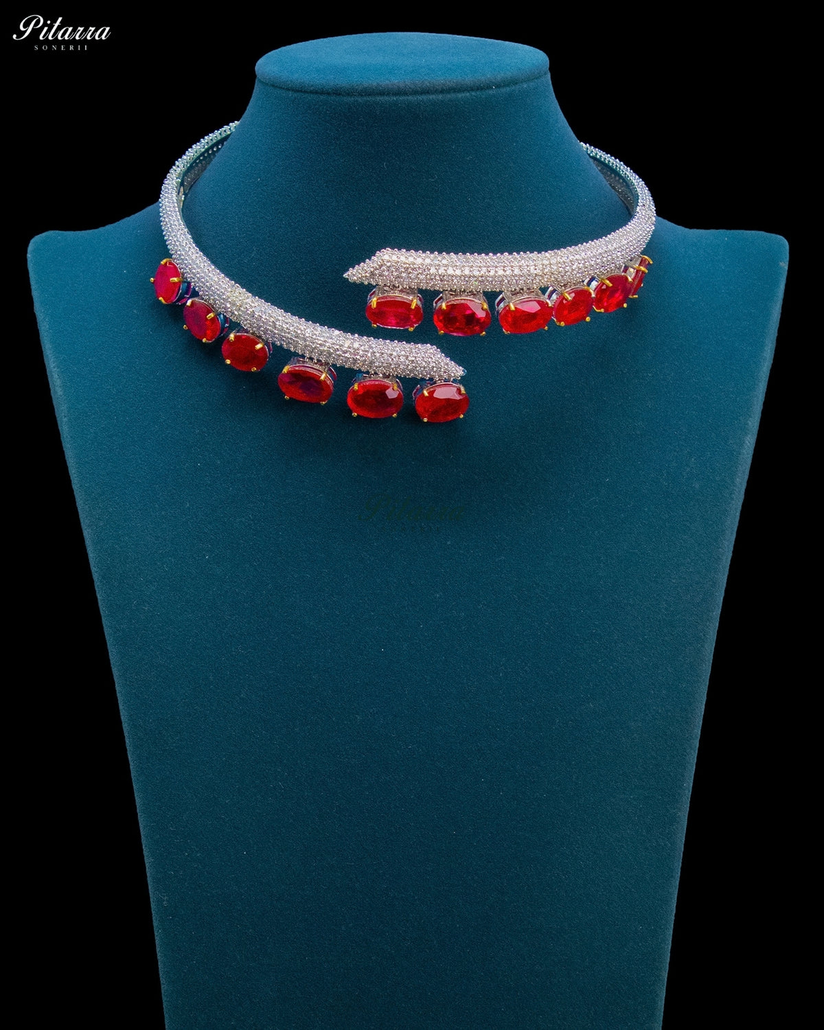 Red Oval Stone Zircon Silver Crystal Collar Necklace Set