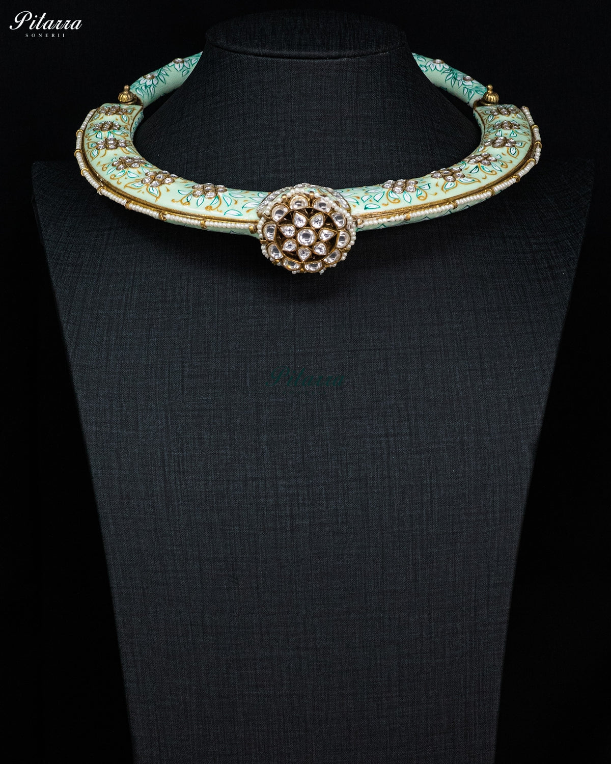 Mint Green Enamel Floral Kundan Necklace Set