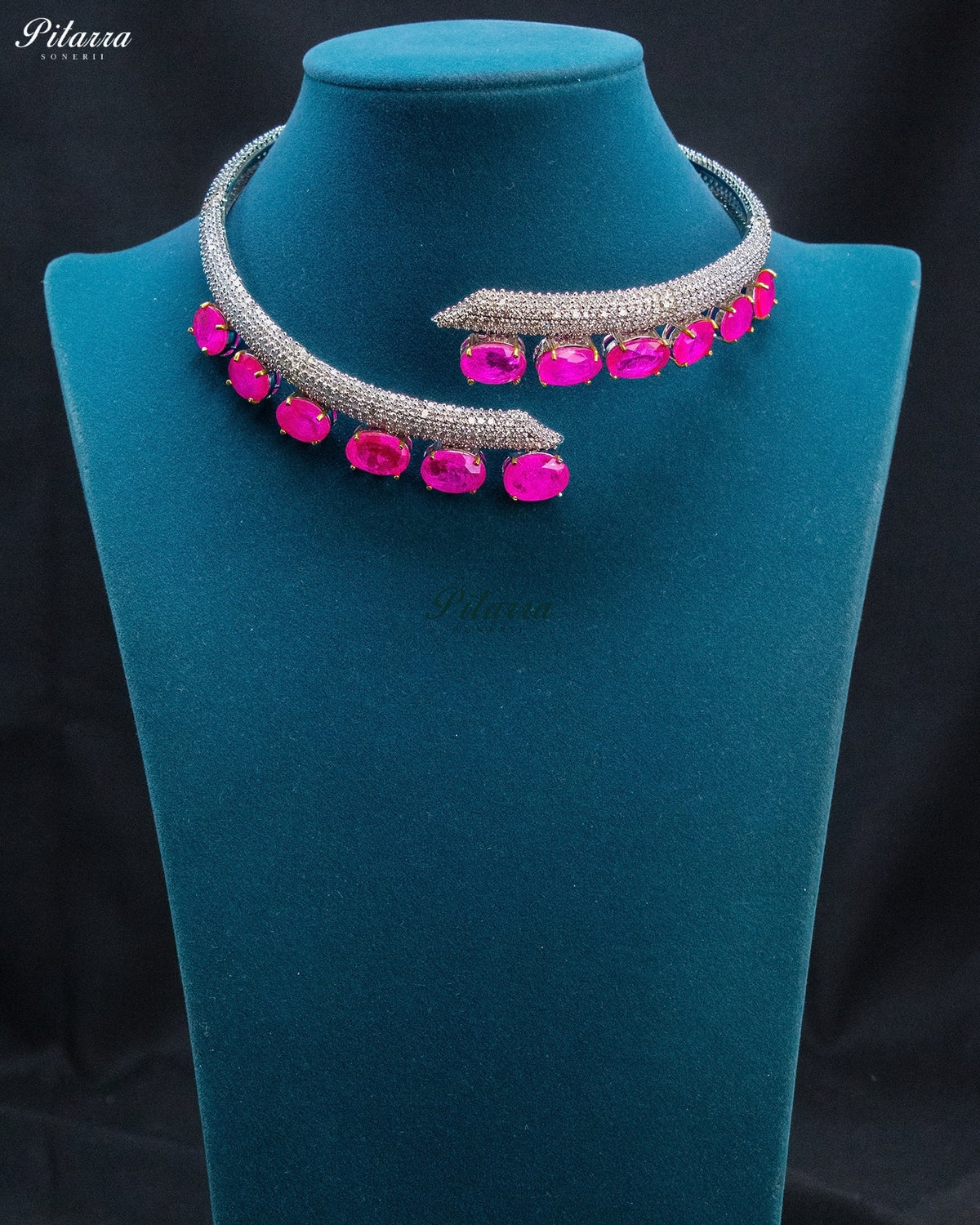 Pink Oval Stone Zircon Silver Crystal Collar Necklace Set