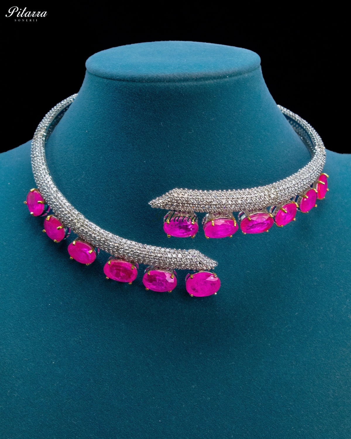 Pink Oval Stone Zircon Silver Crystal Collar Necklace Set