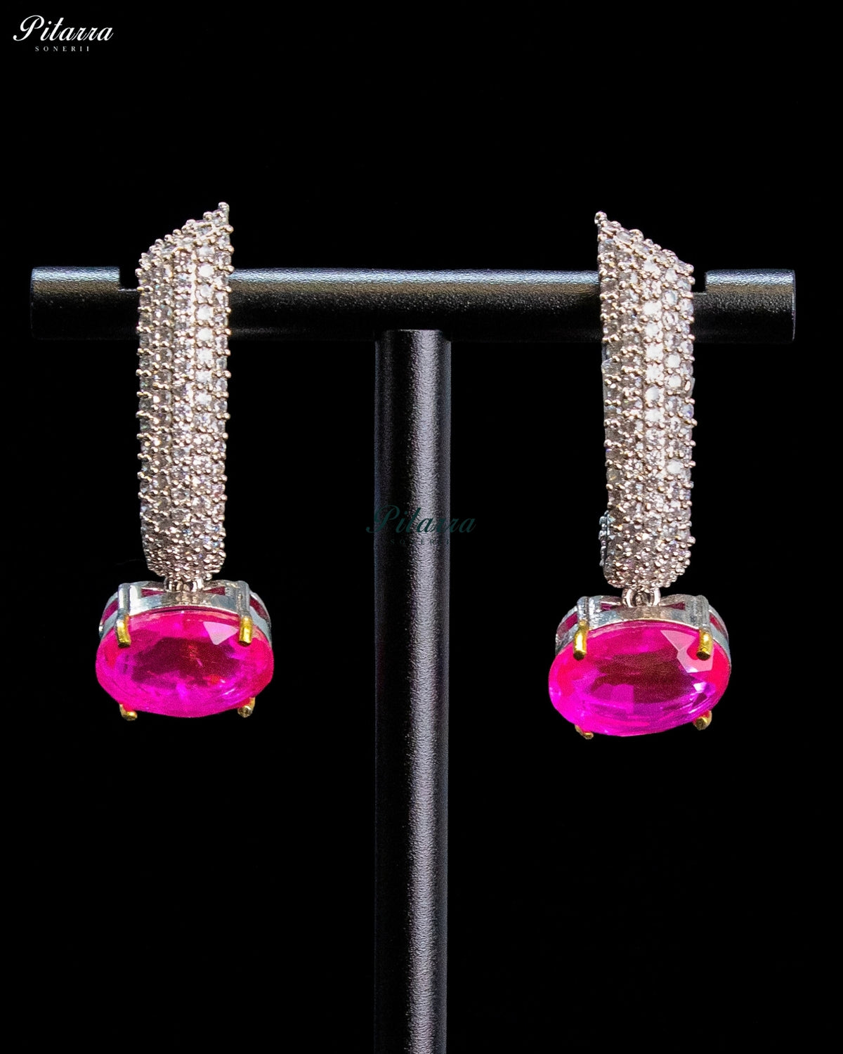 Pink Oval Stone Zircon Silver Crystal Collar Necklace Set