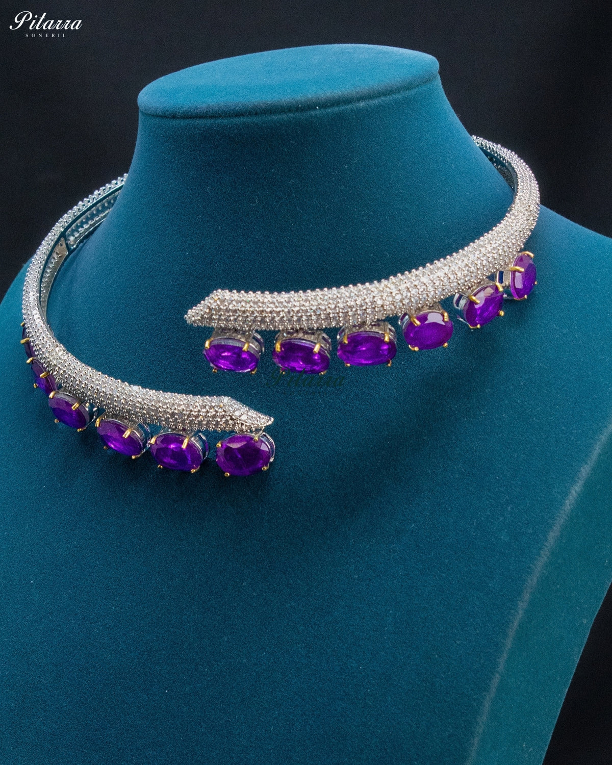 Purple Oval Stone Zircon Silver Crystal Collar Necklace Set