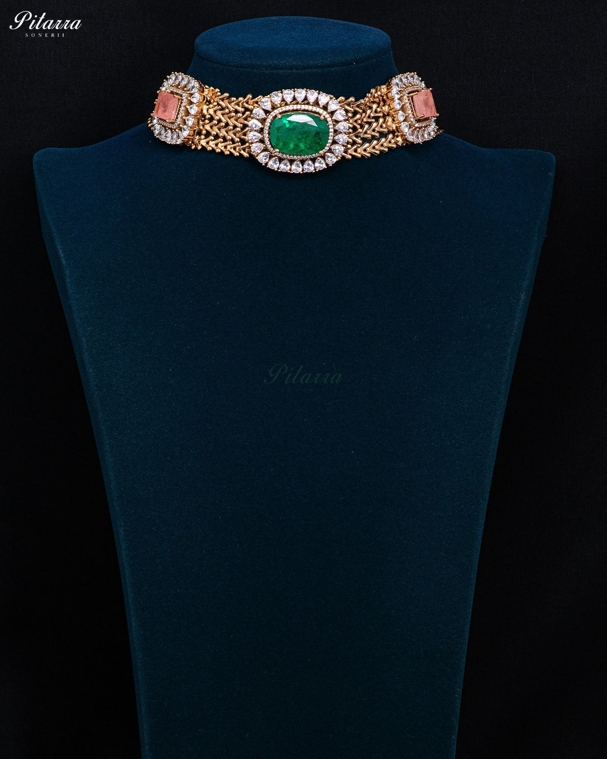 Emerald Green & Pink Stone Kundan Choker Set