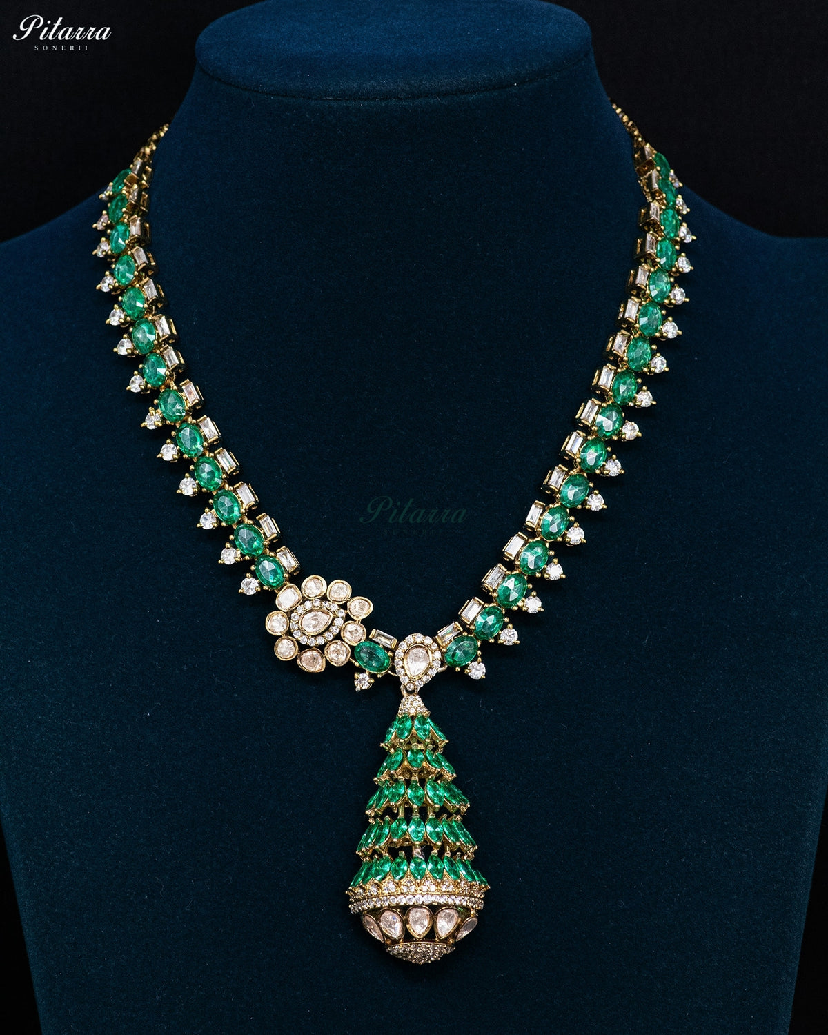 Emerald Green Pearl Kundan Long Necklace Set