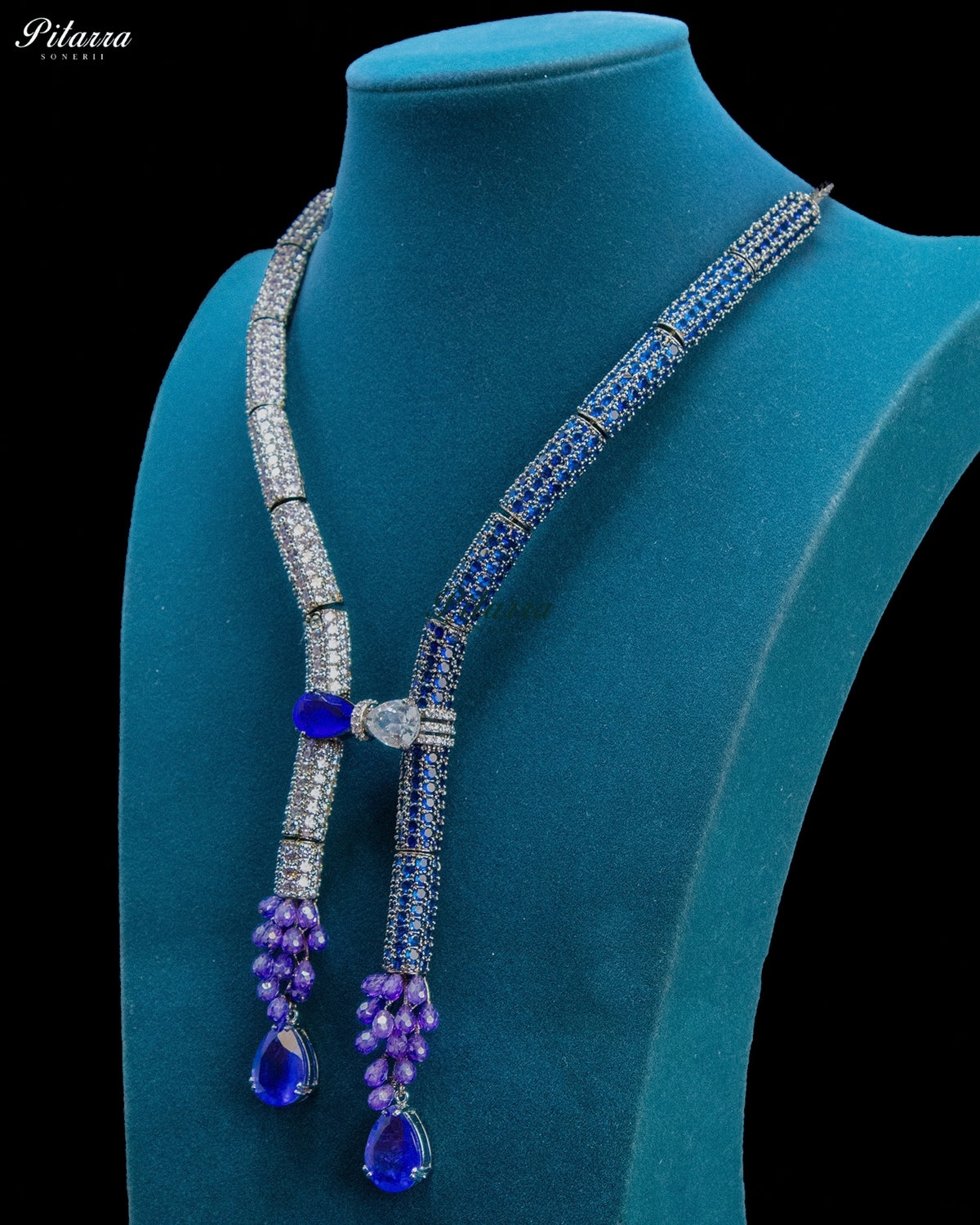 Blue and Purple Crystal Tassel Lariat Necklace Set