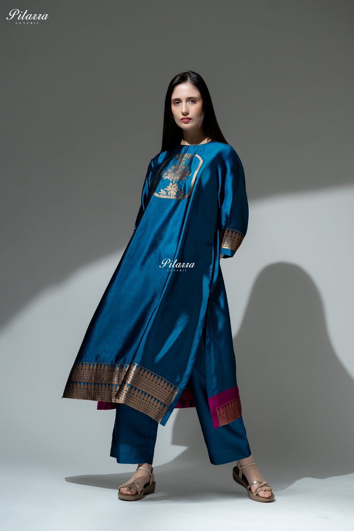 Royal Blue Gold Zari Floral Embroidered Kurta Palazzo Set