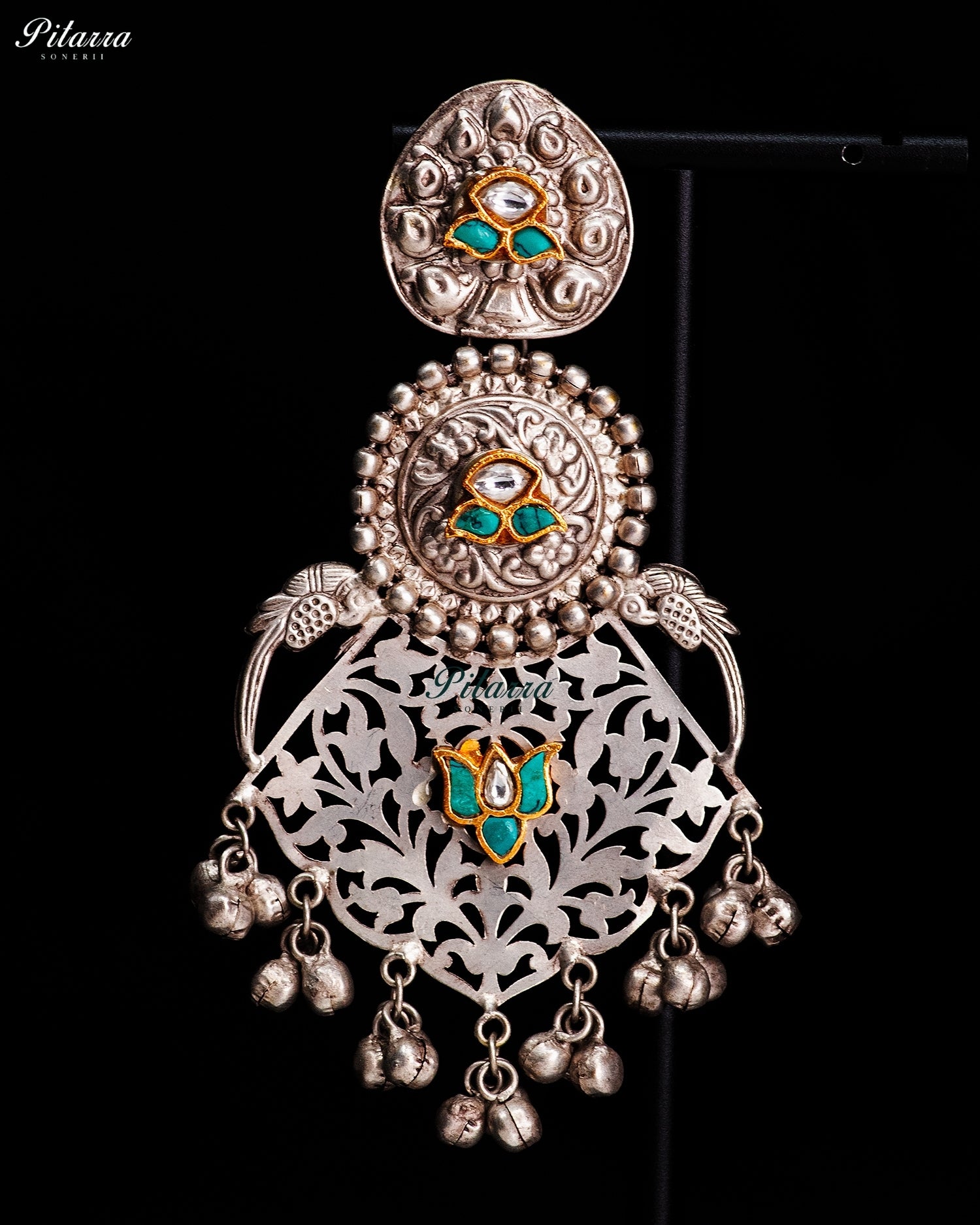 Turquoise Lotus Silver Look-Alike Filigree Earrings