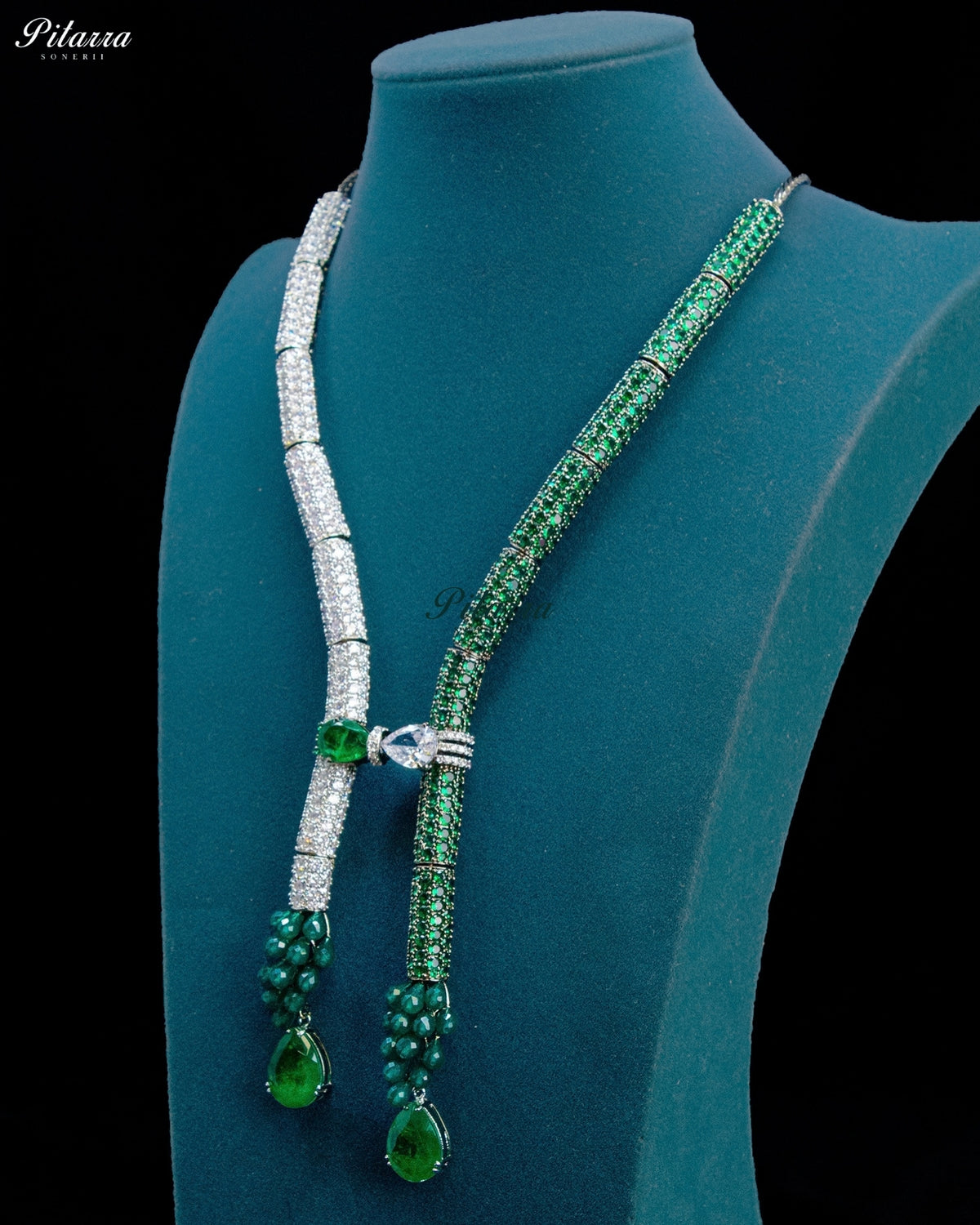 Green and Silver Crystal Tassel Lariat Necklace Set